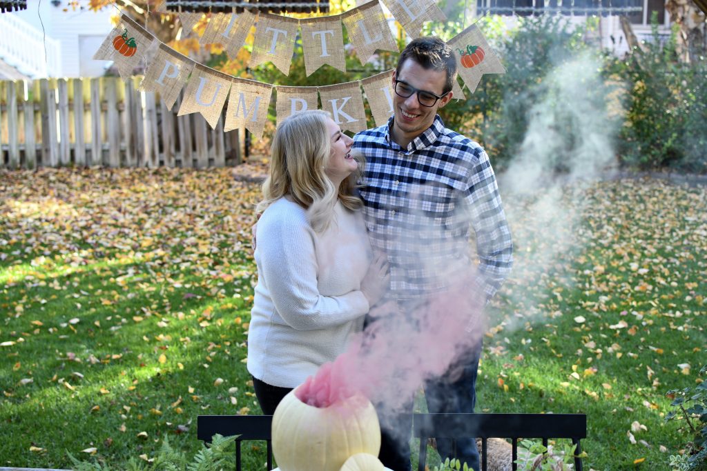 Fall Gender Reveal with Smoke and Pumpkin